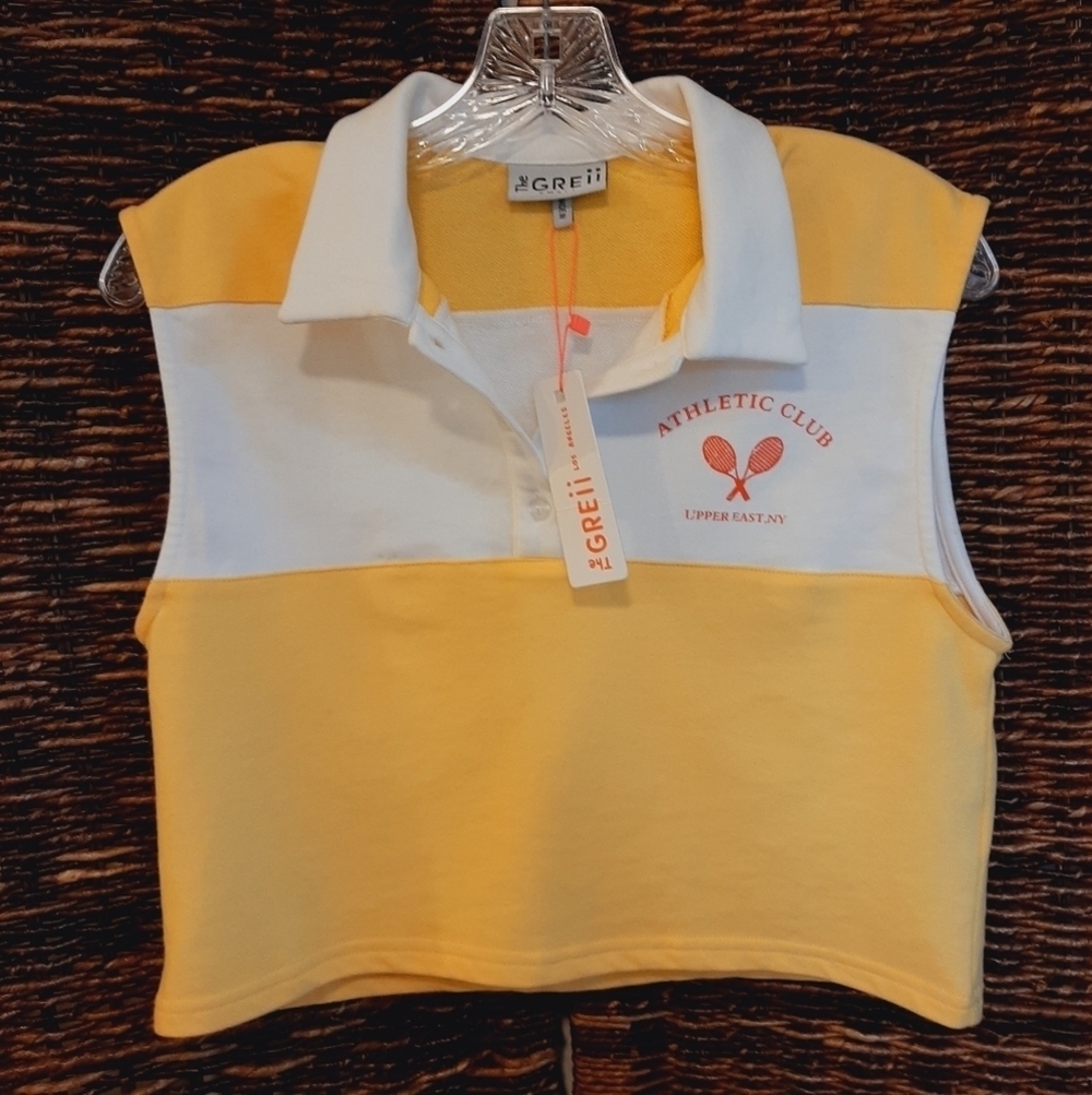 The Greii Shirt Womens Small White Yellow Tenniscore Preppy Sporty Retro Tee NEW